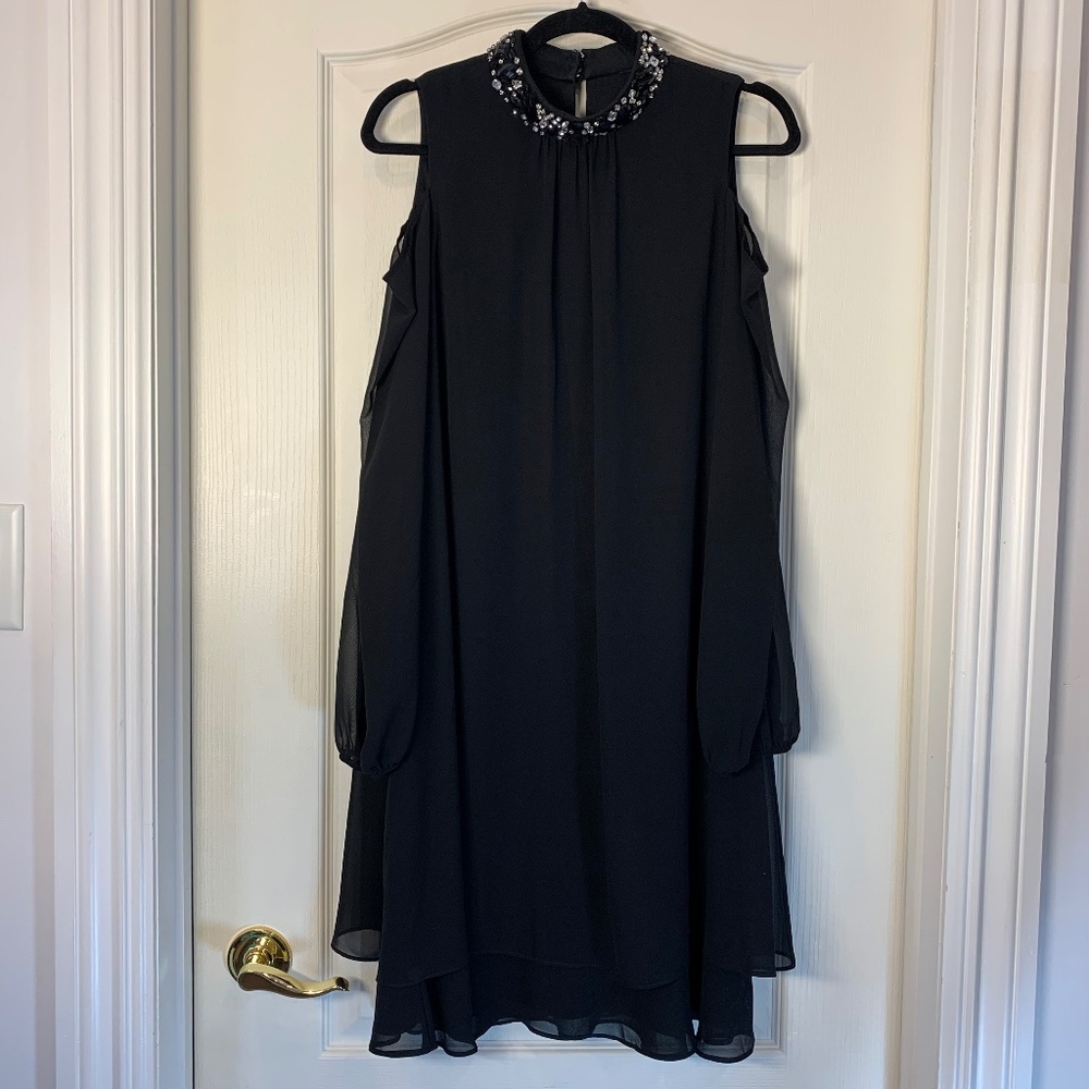 Joseph Ribkoff Little Black Dress (12 CAN) | Cold-Shoulder Sheer Sleeves | Spark